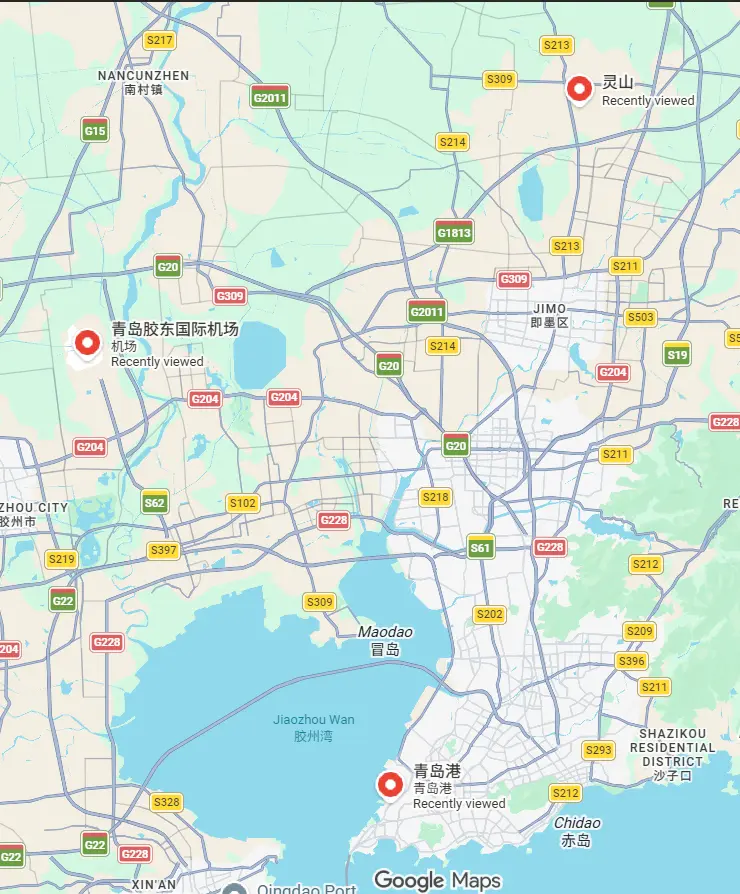 青岛宏坤工厂与青岛港、青岛胶东国际机场位置示意图